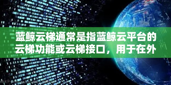 蓝鲸云梯通常是指蓝鲸云平台的云梯功能或云梯接口，用于在外部网络上与云服务（如云梯服务）进行数据传输或管理。外网连接可能指的是将云梯功能与外部网络（如防火墙、VPN等）进行连接